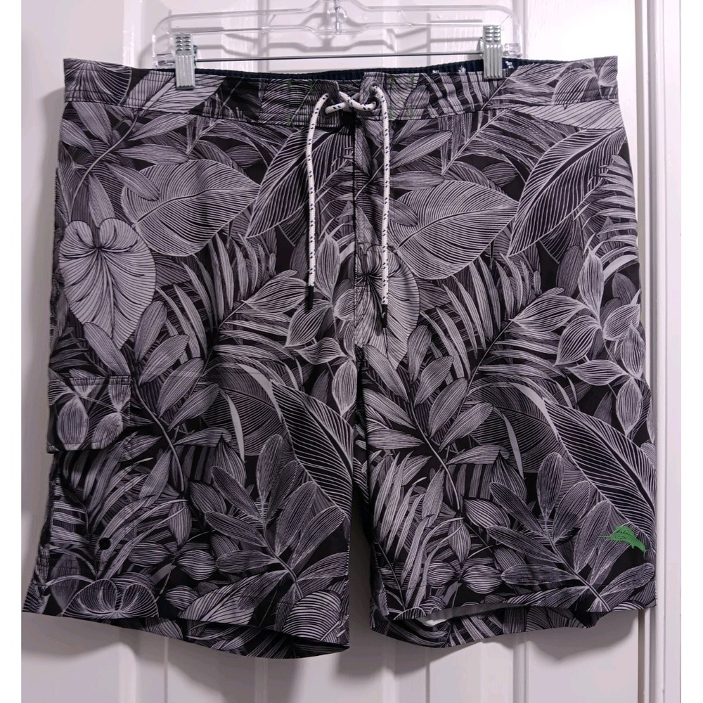 Tommy Bahama Swim Trunks Mens XXL Black Gray Floral Mesh Lined Board Shorts